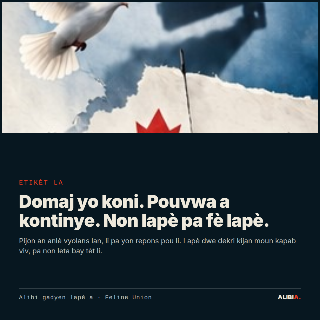 Etikèt la. Domaj yo koni. Pouvwa a kontinye. Non lapè pa fè lapè.