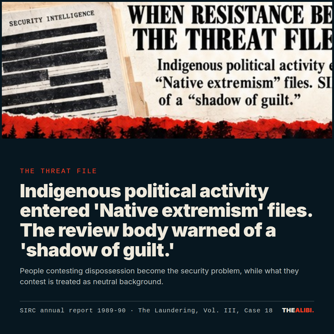 The threat file. Indigenous political activity entered 'Native extremism' files. The review body warned of a 'shadow of guilt.'